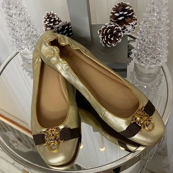Lilly Pulitzer Gold Leather Ballet Flats Lion Heads Knock Brown Ribbon Size 9 - Picture 11 of 16